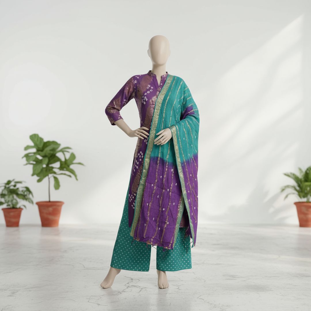 Glace Cotton Jari Tie and Dye Suit Fabric for Elegant Cut Tops