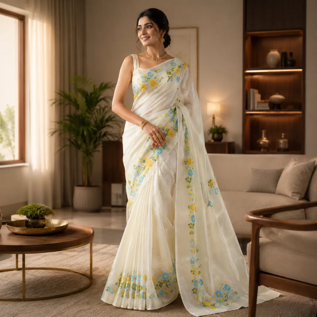 Handcrafted Off-White Paithani Silk Linen Saree with All-Over Butti & Blouse Piece