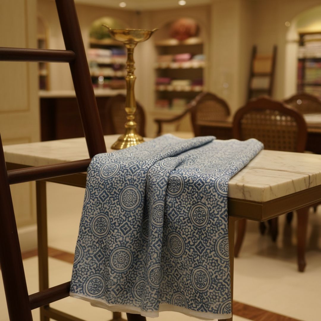 Single-Sided Block Printed Mal Cotton Fabric in Soft Blue Pattern