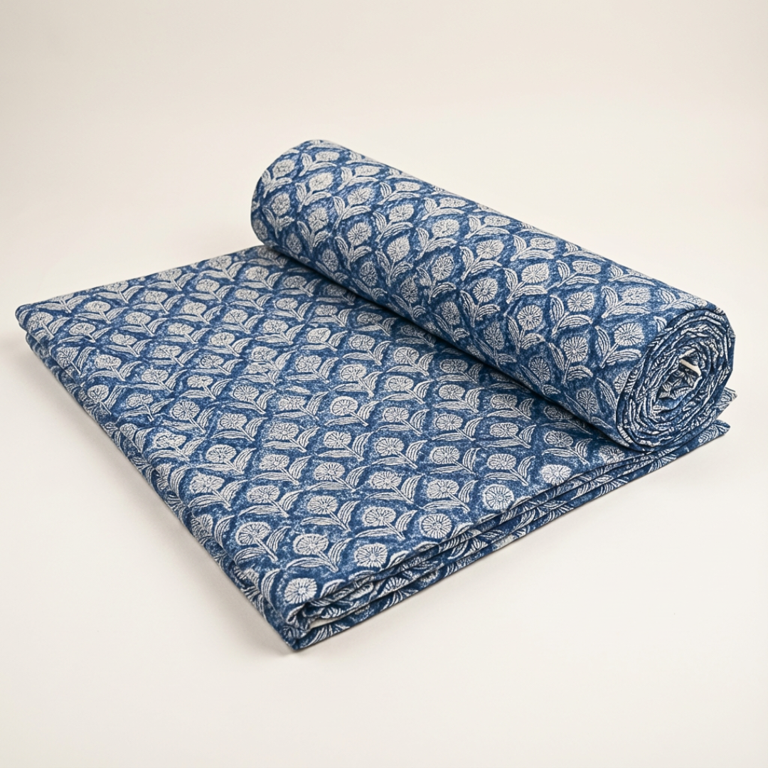 Single-Sided Block Printed Mal Cotton Fabric in Blue Lattice Floral Pattern