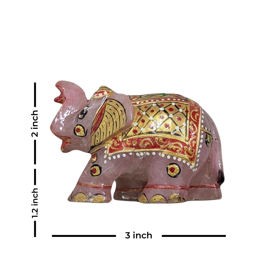 Handcrafted Rose Quartz Elephant Figurine with Traditional Painting