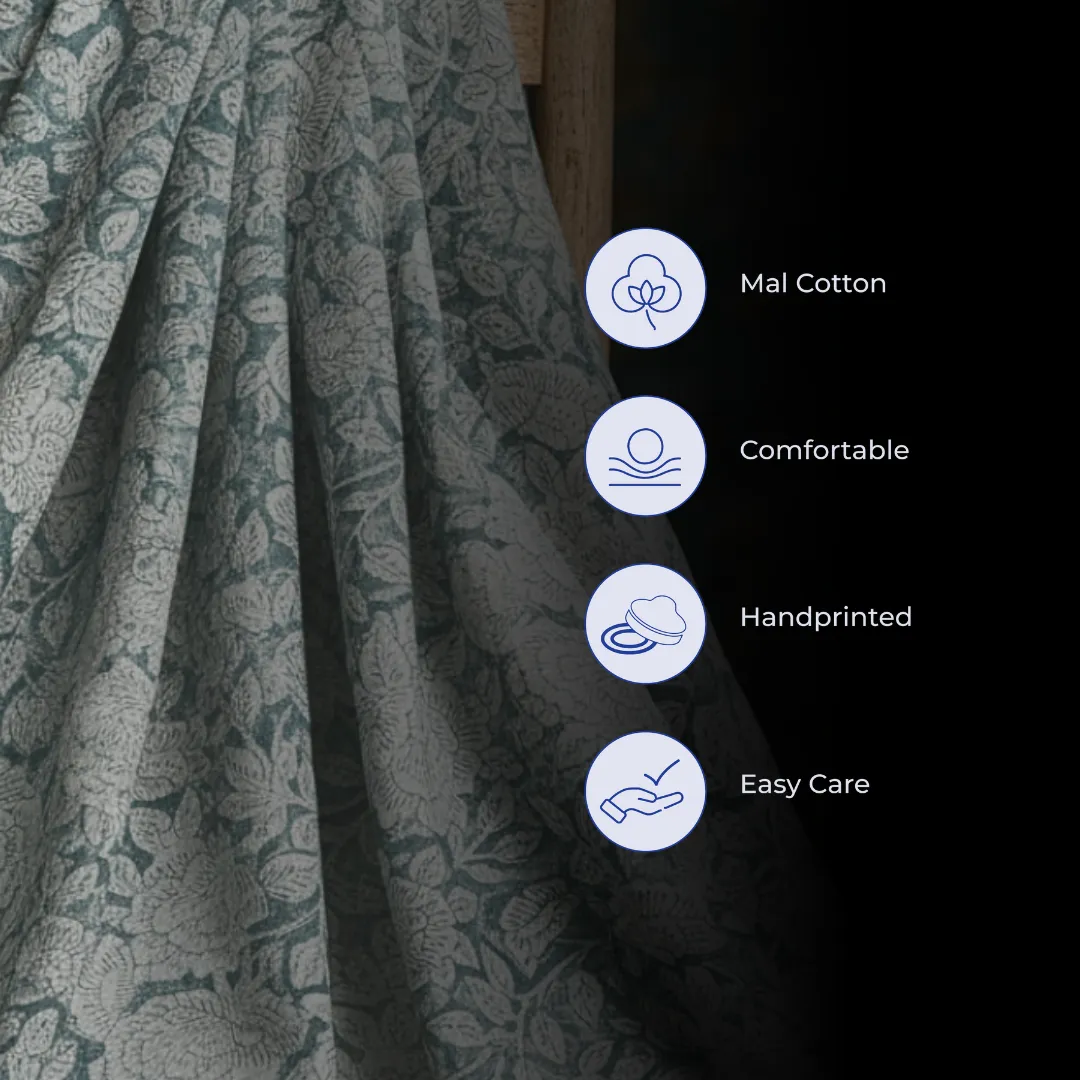 Single-Sided Hand Block Printed Mal Cotton Fabric – Blue Floral Motif | Sold Per Meter
