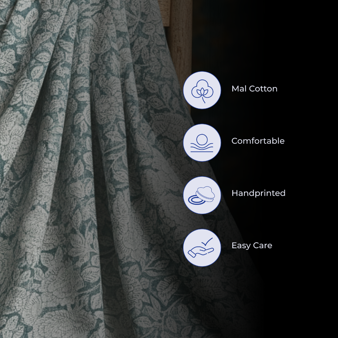 Single-Sided Block Printed Mal Cotton Fabric in Blue Floral Motif