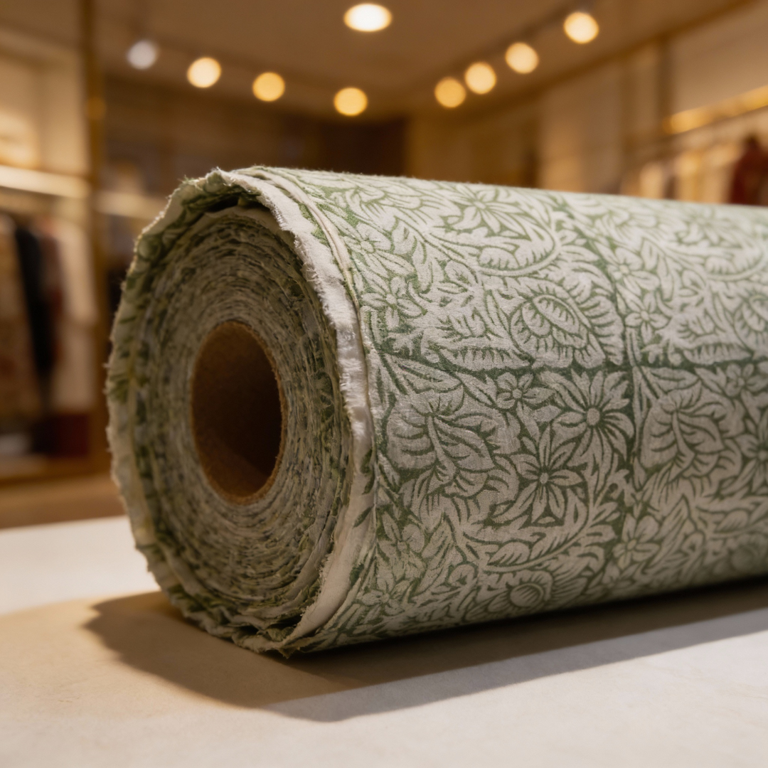 Single-Sided Block Printed Mal Cotton Fabric in Green Botanical Pattern