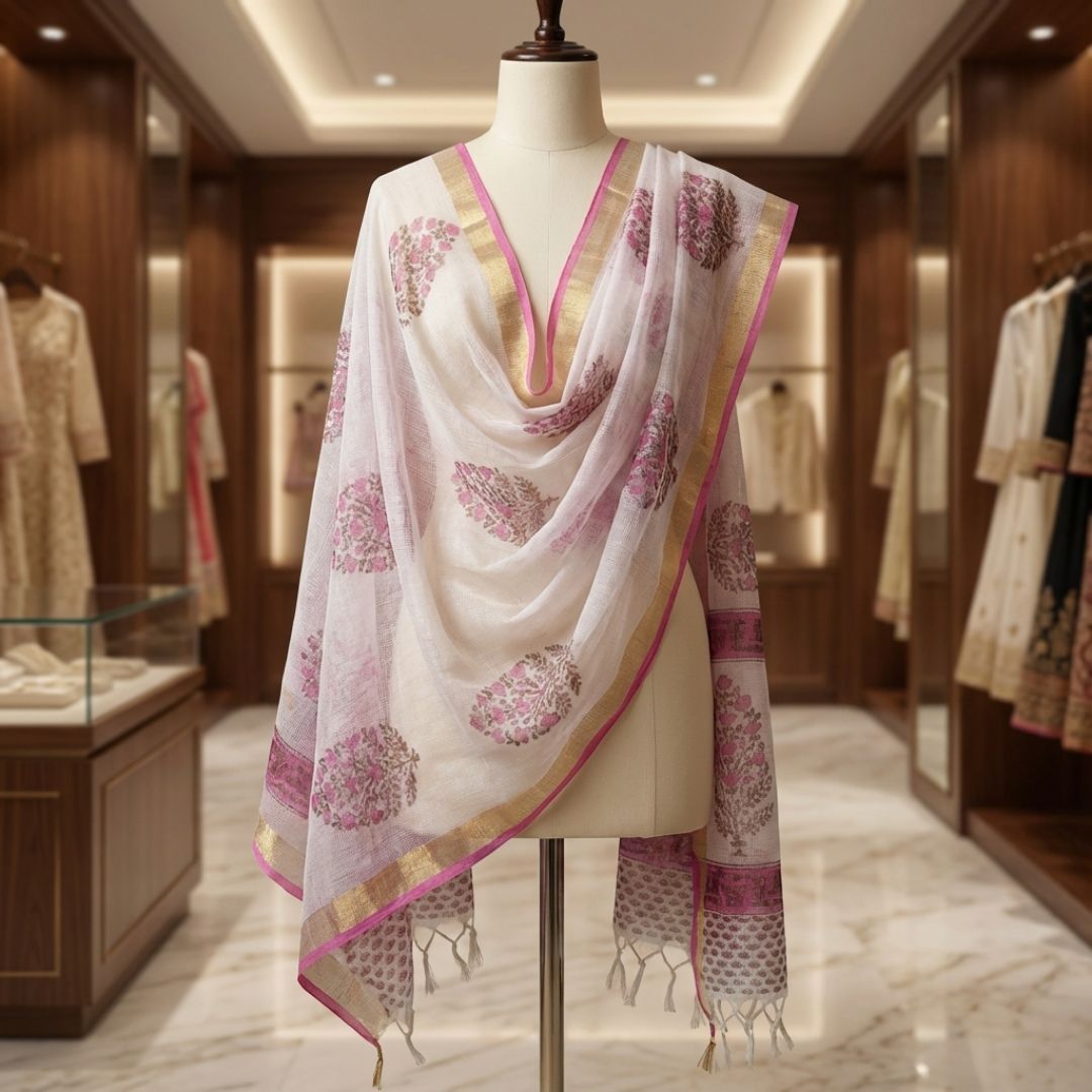 Kota Doriya Dupatta with Hand Block Printed Floral Motifs