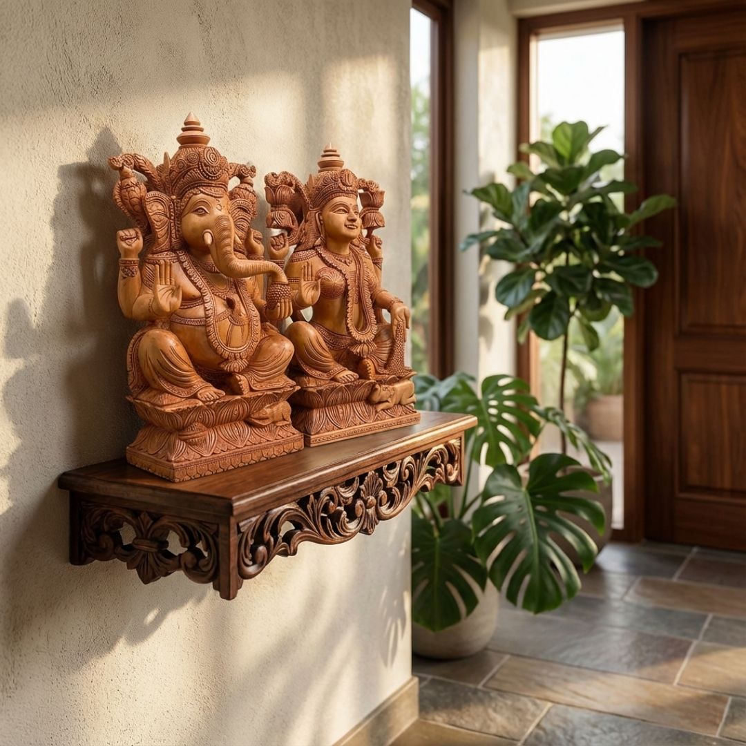 Ganesh Lakshmi Pair Sitting on Lotus Handcrafted in Sandalwood
