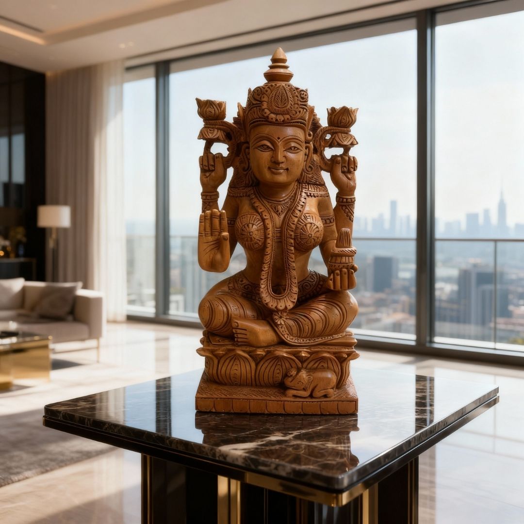 Lakshmi Mata Wooden Sculpture Sitting on Lotus with Kalash and Blessing Mudra