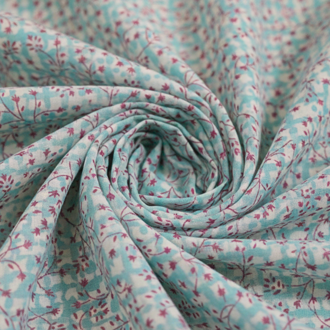 Single-Sided Block Printed Mal Cotton Fabric in Soft Pastel Floral Pattern