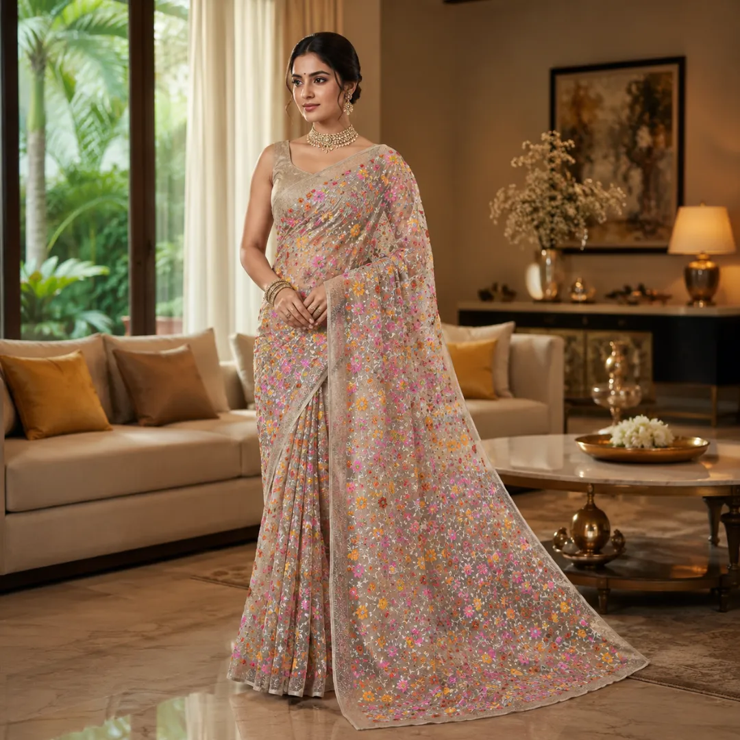 Handcrafted Elegant Resham Kota Embroidered Floral Silk Saree – Cream Base (No Blouse Piece)