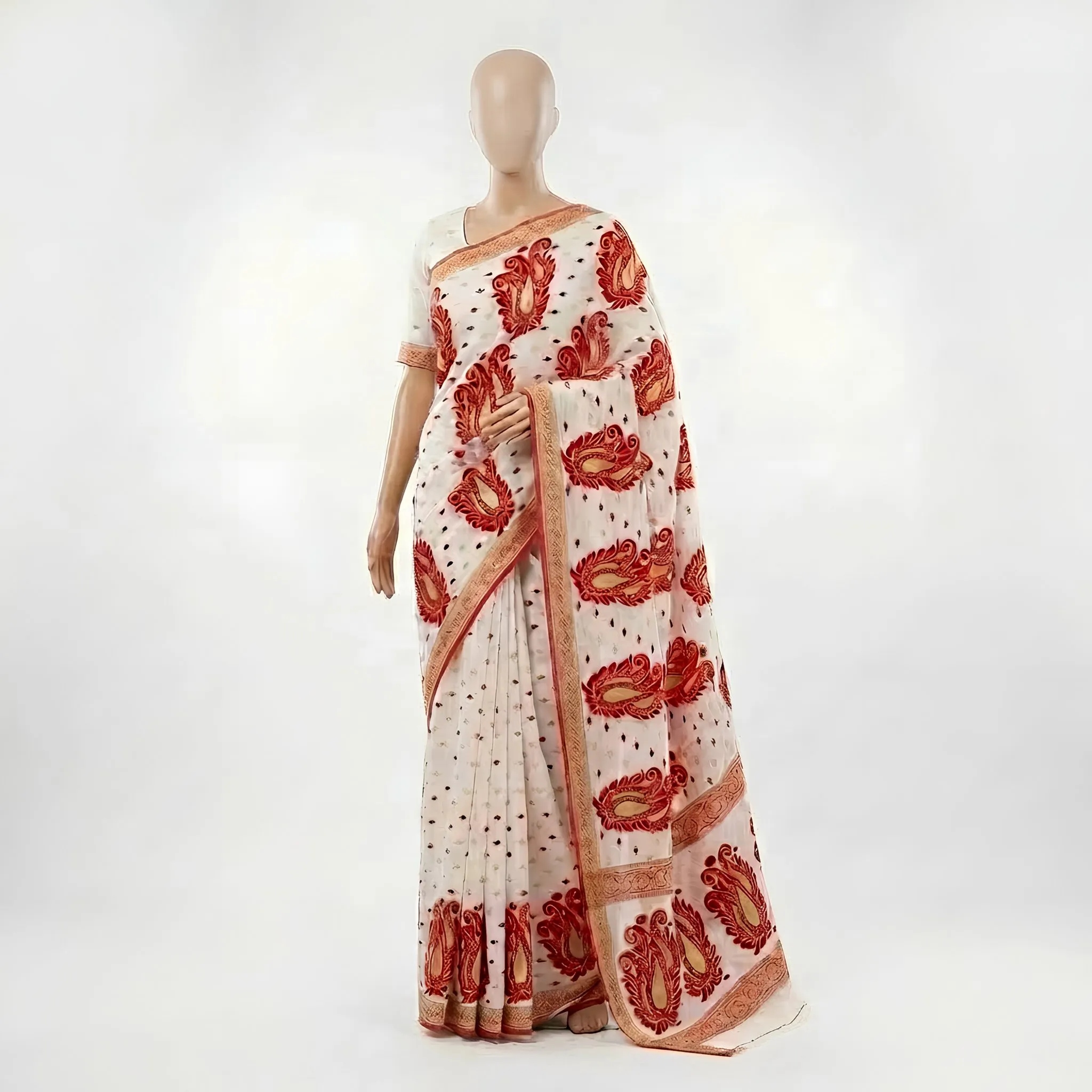 Reshom Dhakai Jamdani Cotton Silk Saree Cream Red Floral