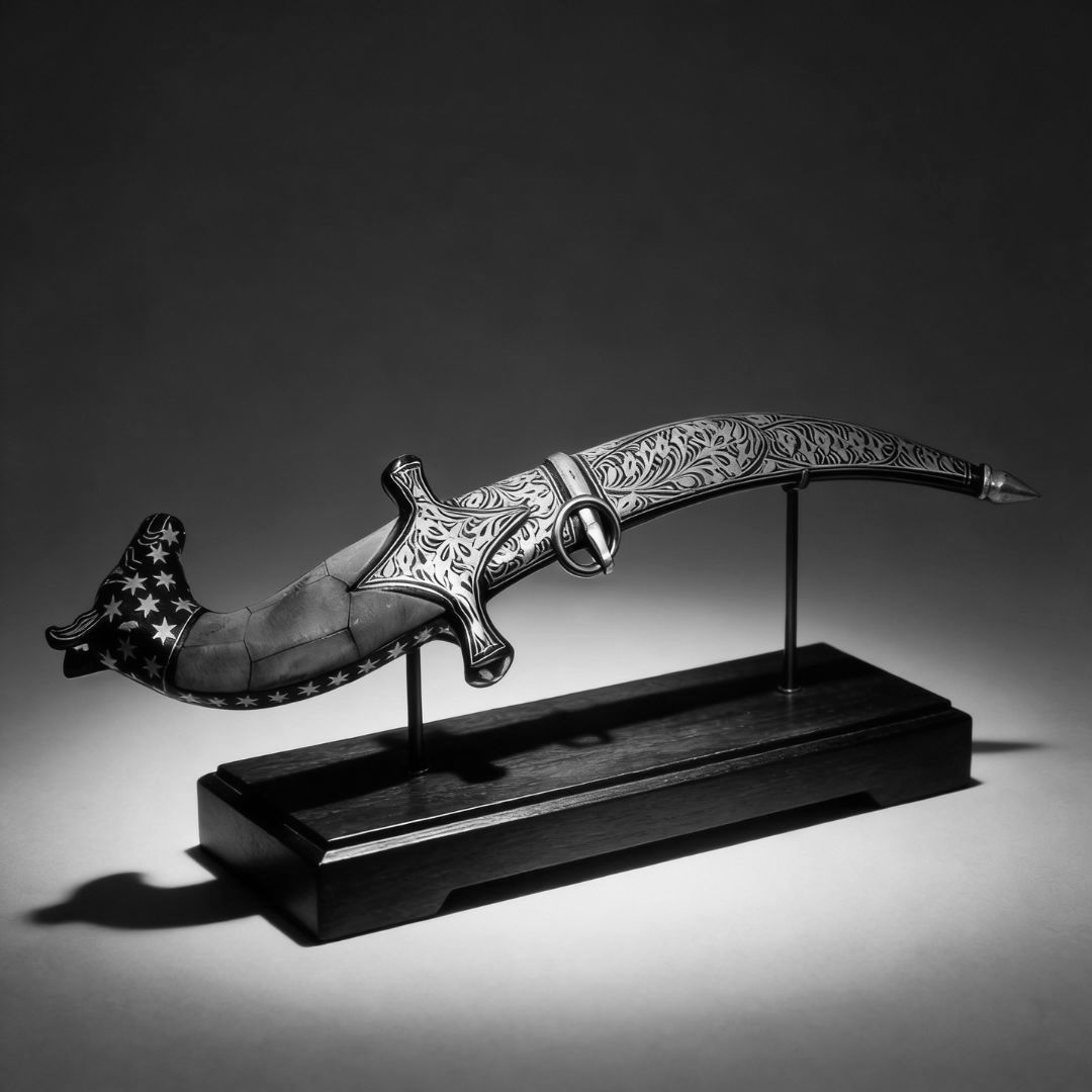 Bone Handle Dagger with Handcrafted Koftgari Metal Inlay Art