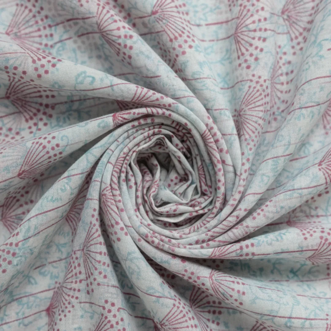 Single-Sided Hand Block Printed Mal Cotton Fabric – Soft Pastel Floral | Sold Per Meter