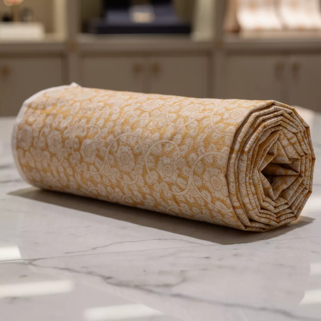 Single-Sided Block Printed Mal Cotton Fabric in Mustard Floral Pattern