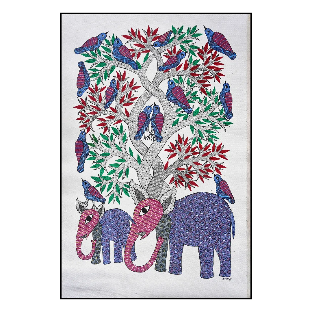 Mother and Baby Elephant Under a Tree