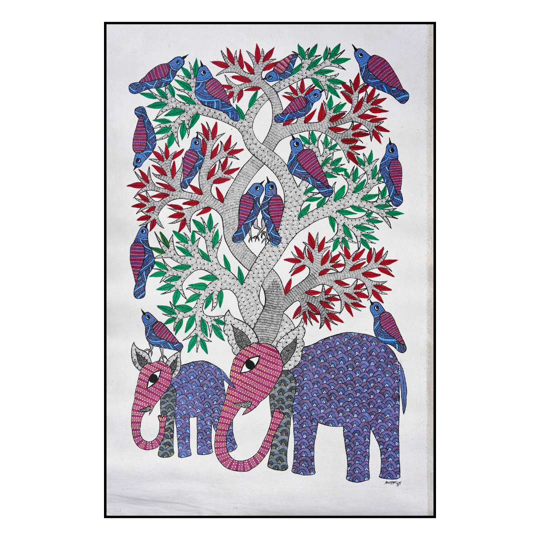Mother and Baby Elephant Under a Tree