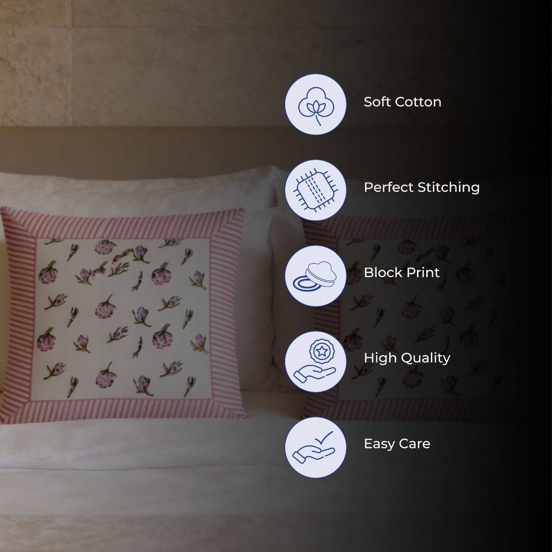 South Cotton Floral Block Printed Cushion Covers (Set of 2)