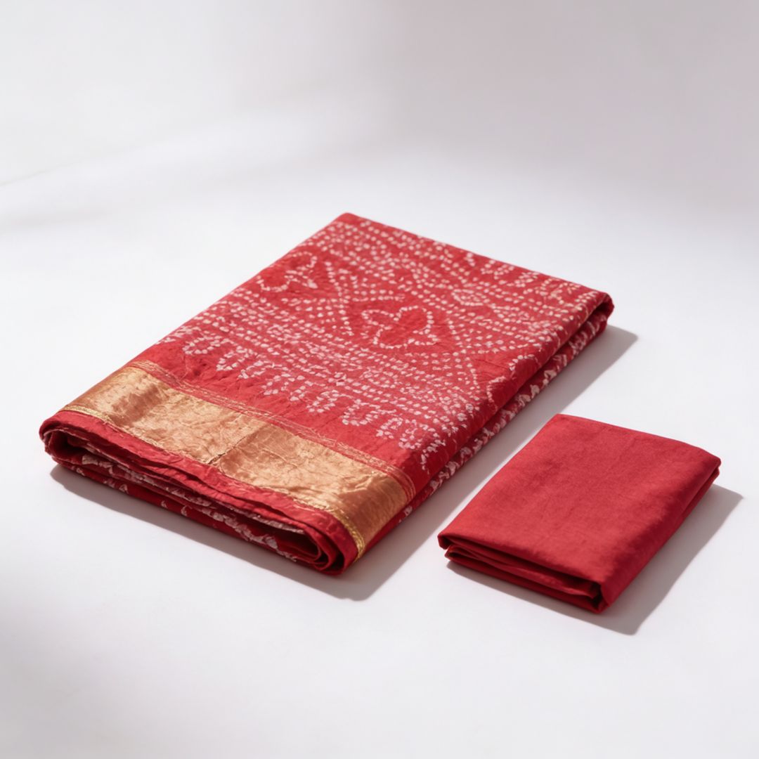 Silk Border Bandhej Saree with Lakdi Patta Pallu and Coordinated Blouse Piece (Unstitched)