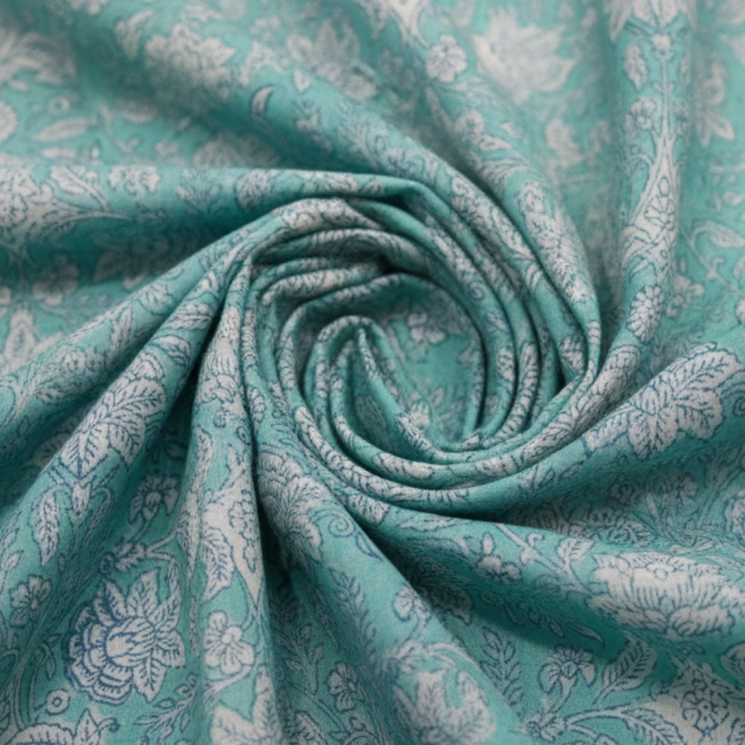 Single-Sided Block Printed Mal Cotton Fabric in Teal Floral Pattern