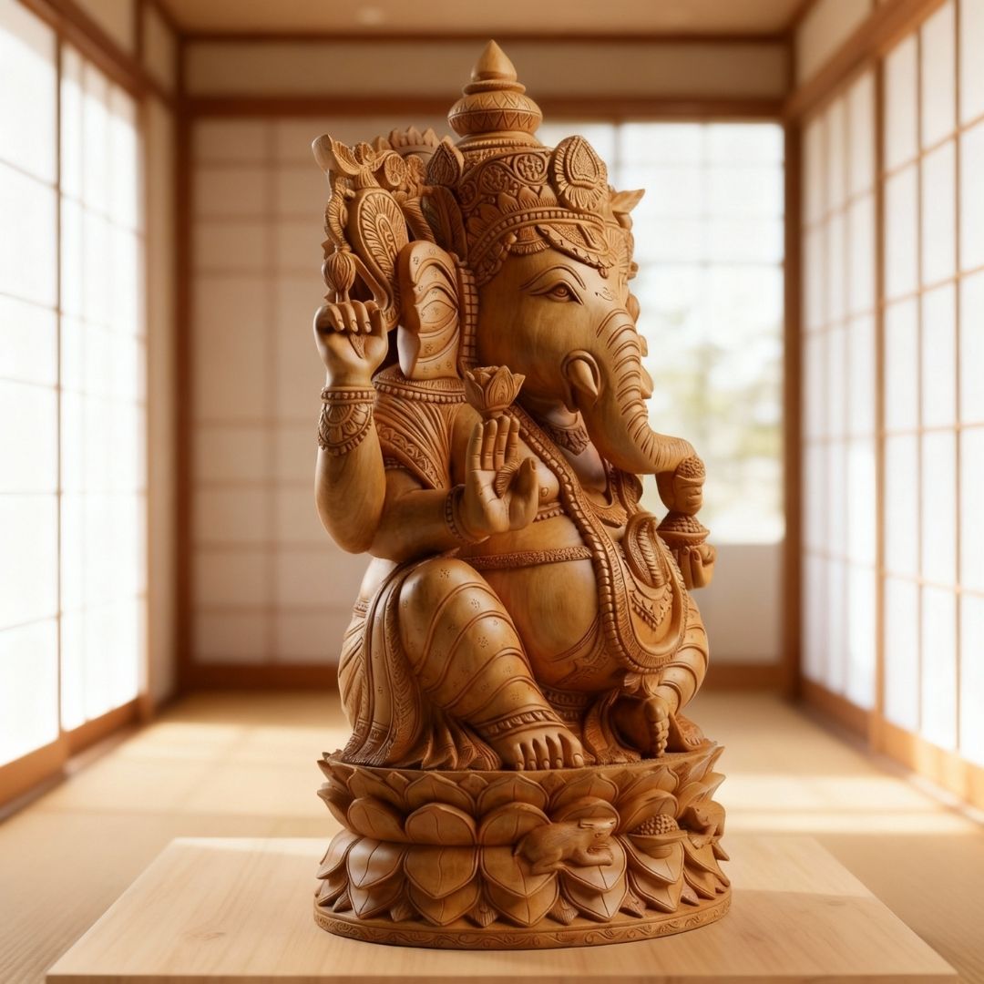 Handcrafted Wooden Lord Ganesha Sculpture with Heavy Detailed Carving
