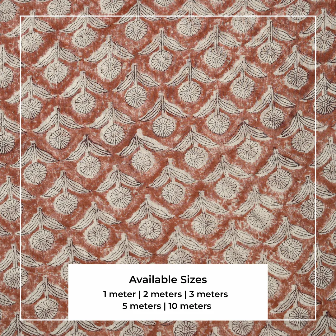 Single-Sided Hand Block Printed Mal Cotton Fabric – Brown Geometric Lattice | Sold Per Meter