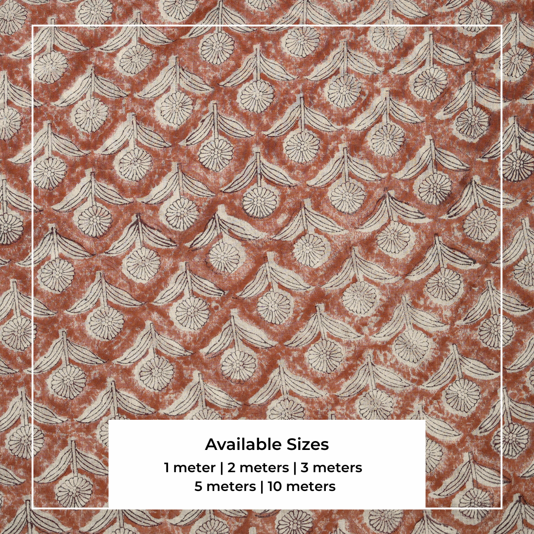 Single-Sided Block Printed Mal Cotton Fabric in Brown Geometric Lattice Pattern