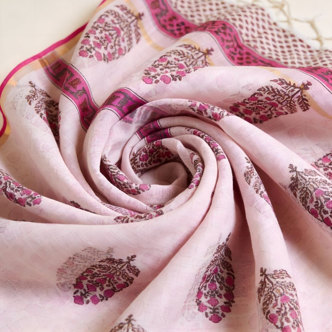 Kota Doriya Dupatta with Hand Block Printed Floral Motifs