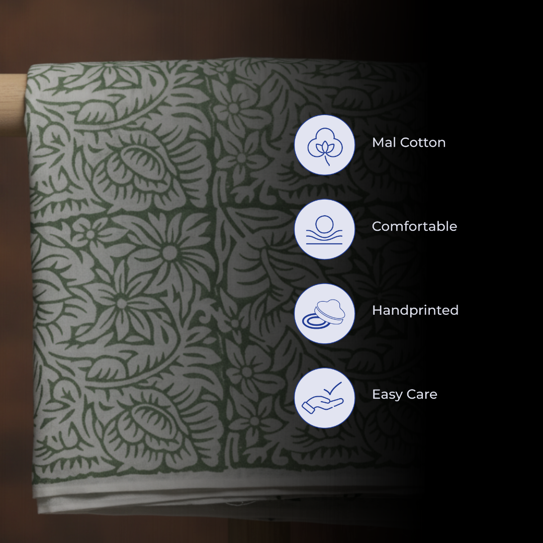 Single-Sided Block Printed Mal Cotton Fabric in Green Botanical Pattern
