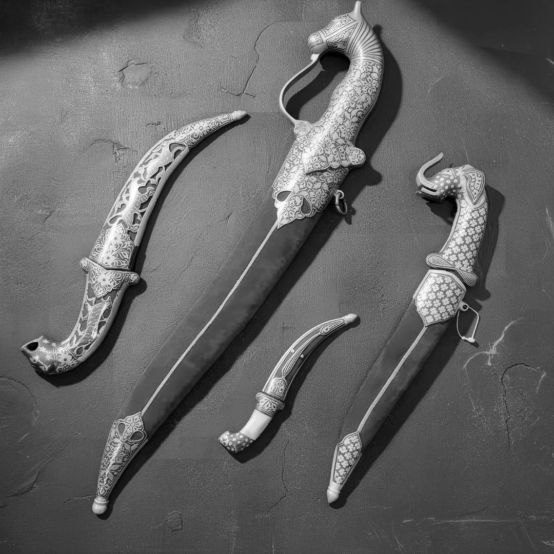 Handcrafted Red Handle Koftgari Decorative Dagger Set