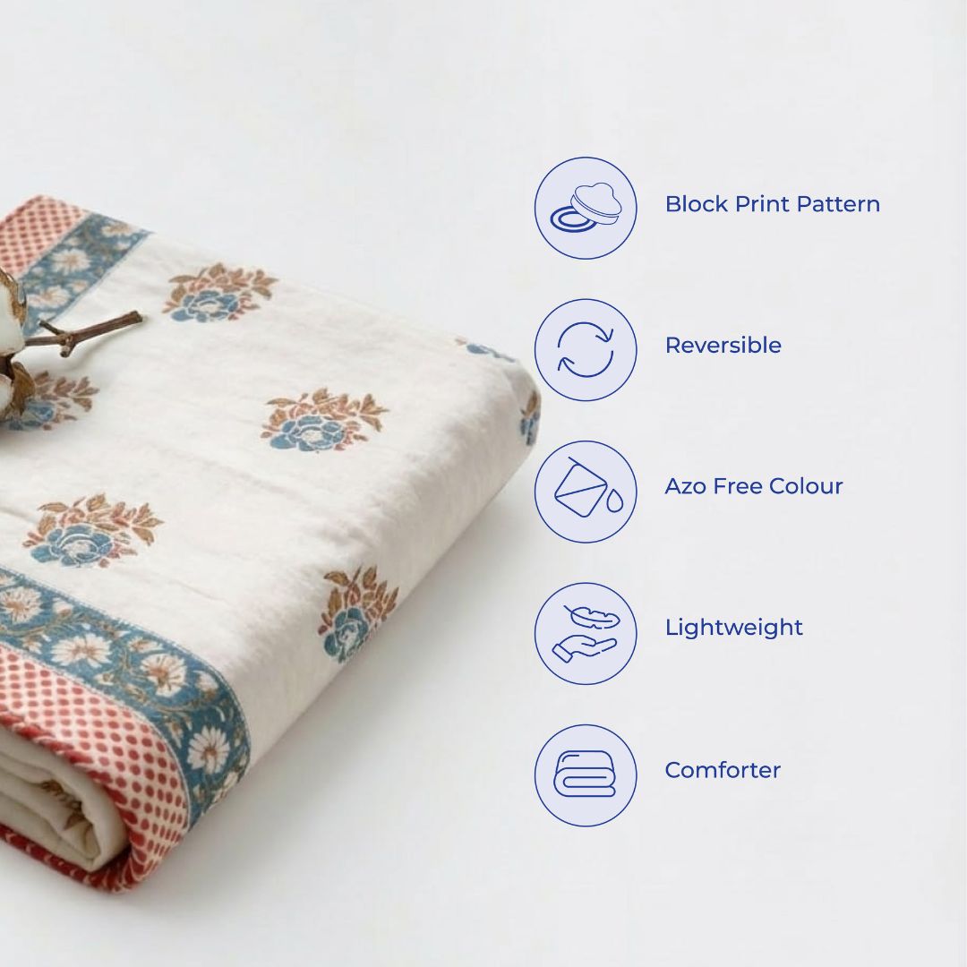 Single Double-Sided Block Printed Cotton Comforter in Teal Floral Pattern