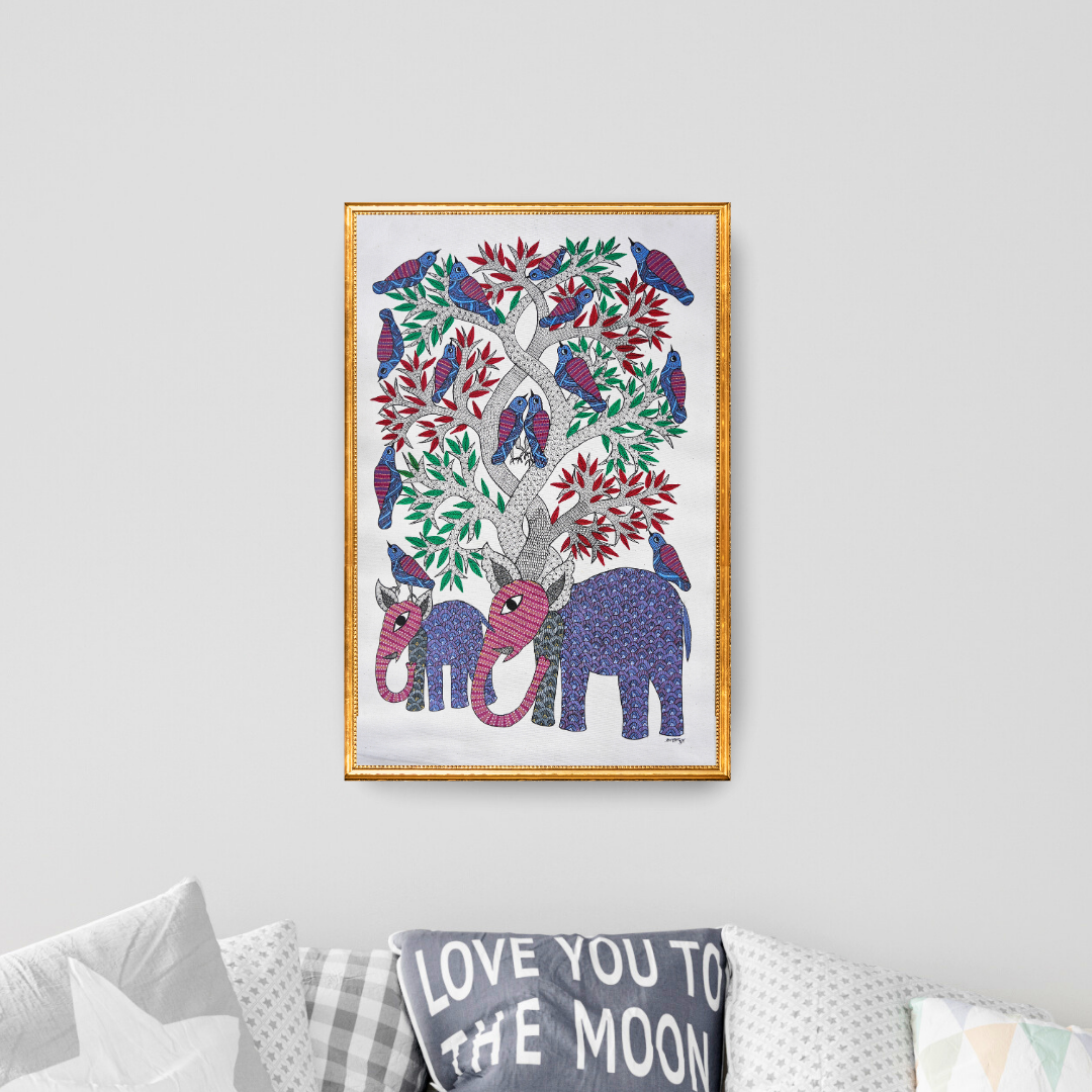 Mother and Baby Elephant Under a Tree