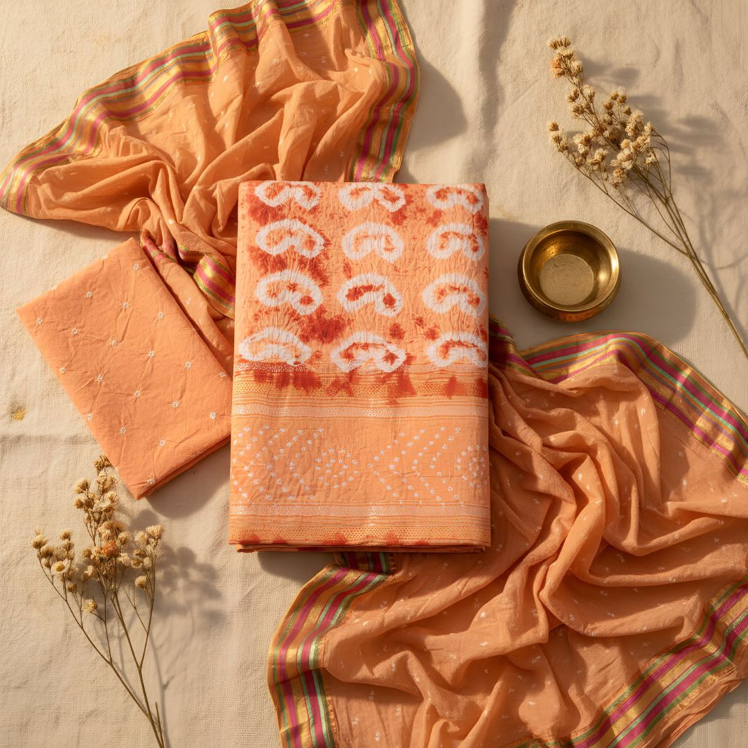 Glace Cotton Jari Patta Tie and Dye Suit Fabric for Cut Top