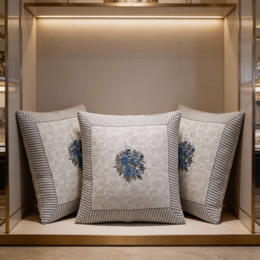 Block Printed South Cotton Cushion Cover with Central Floral Motif