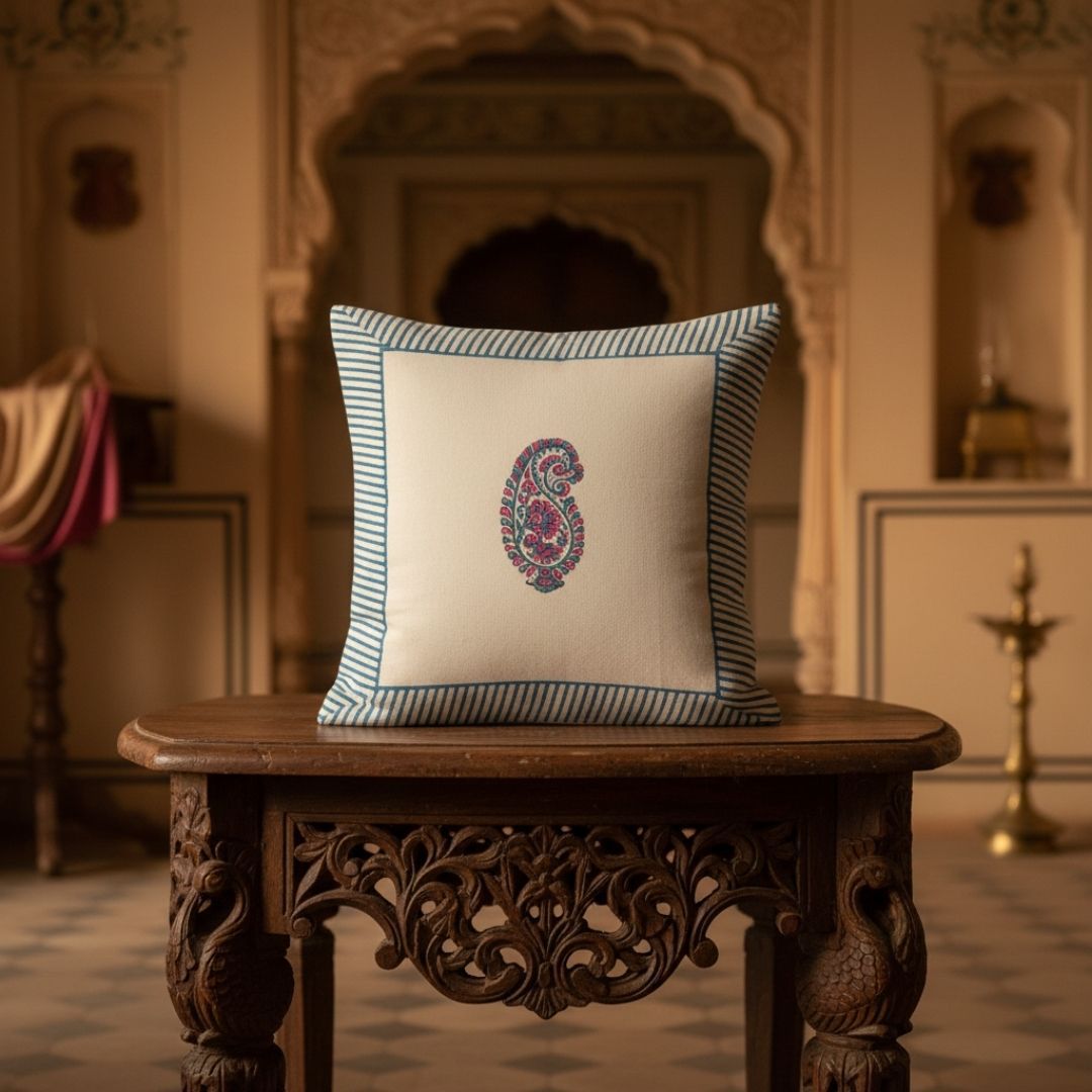 Block Printed South Cotton Cushion Cover with Blue Border and Central Motif 