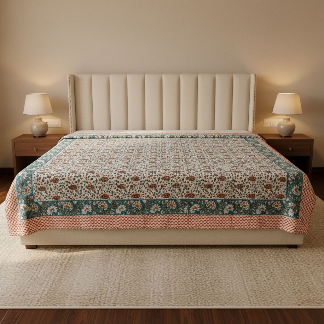 Single Double-Sided Block Printed Cotton Comforter in Teal Floral Pattern