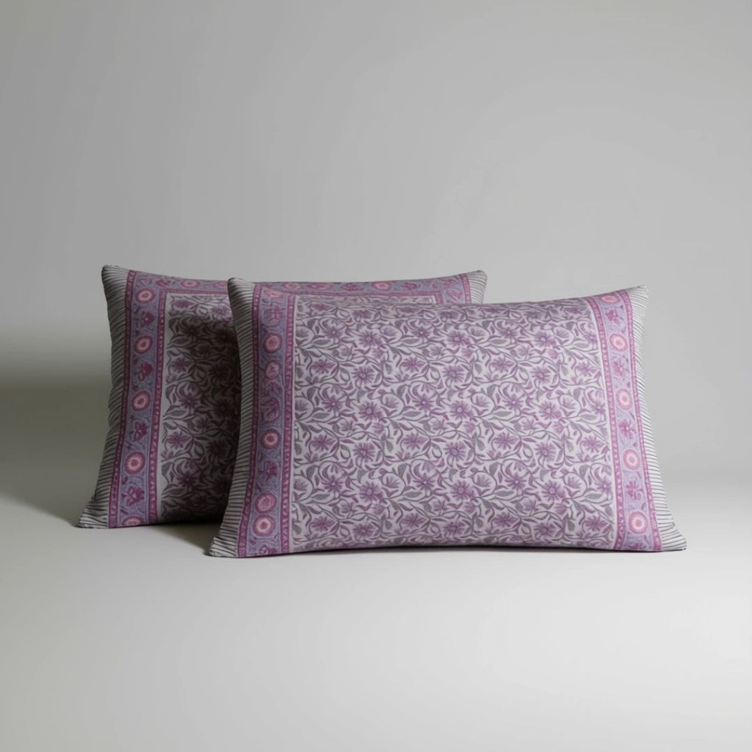 Single-Sided Block Printed Double Bedsheet in Soft Pink All-Over Pattern