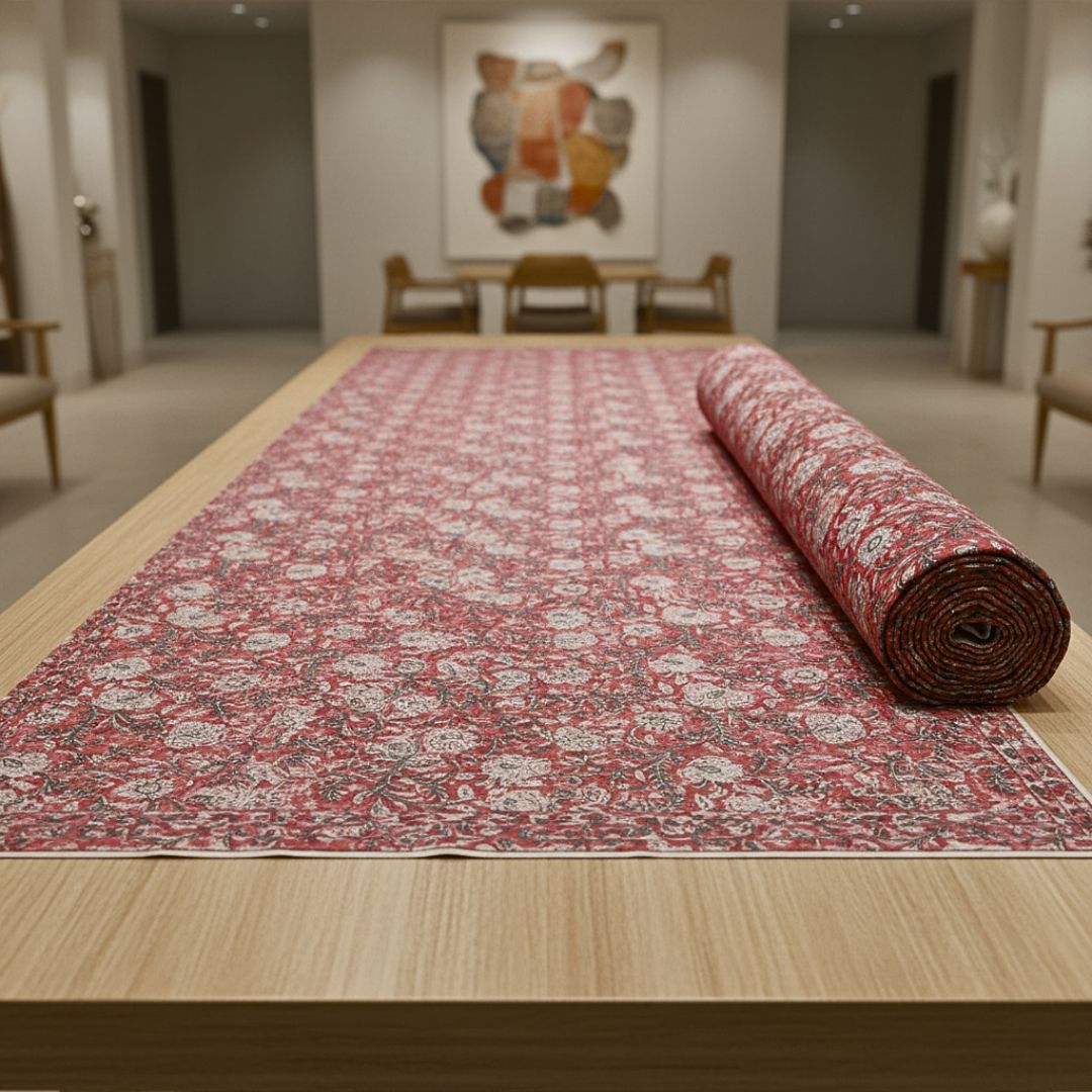 Single-Sided Block Printed Cotton Fabric in Red Floral Pattern