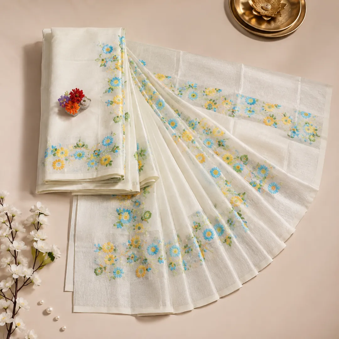 Handcrafted Off-White Paithani Silk Linen Saree with All-Over Butti & Blouse Piece