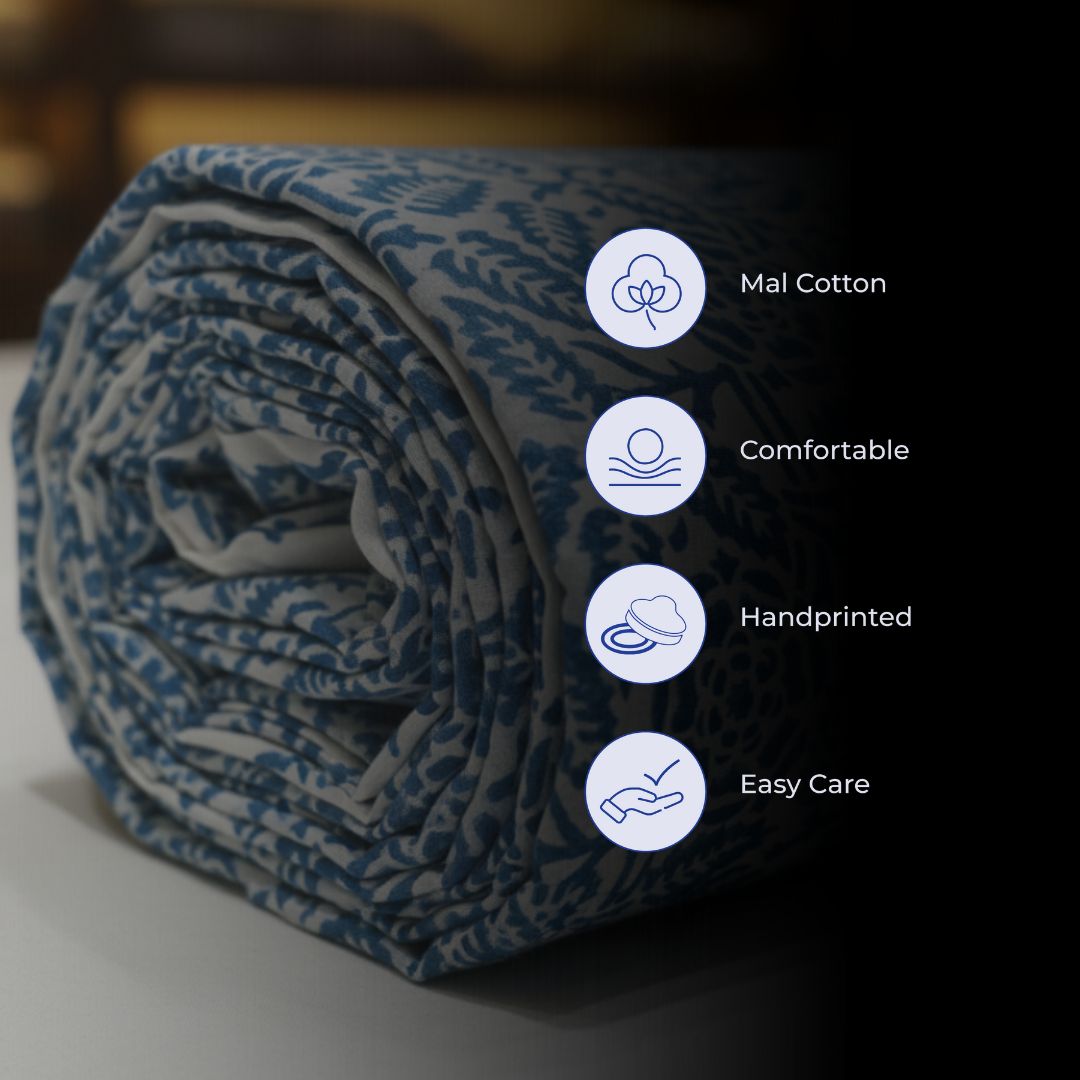 Single-Sided Block Printed Mal Cotton Fabric in Indigo Floral Pattern