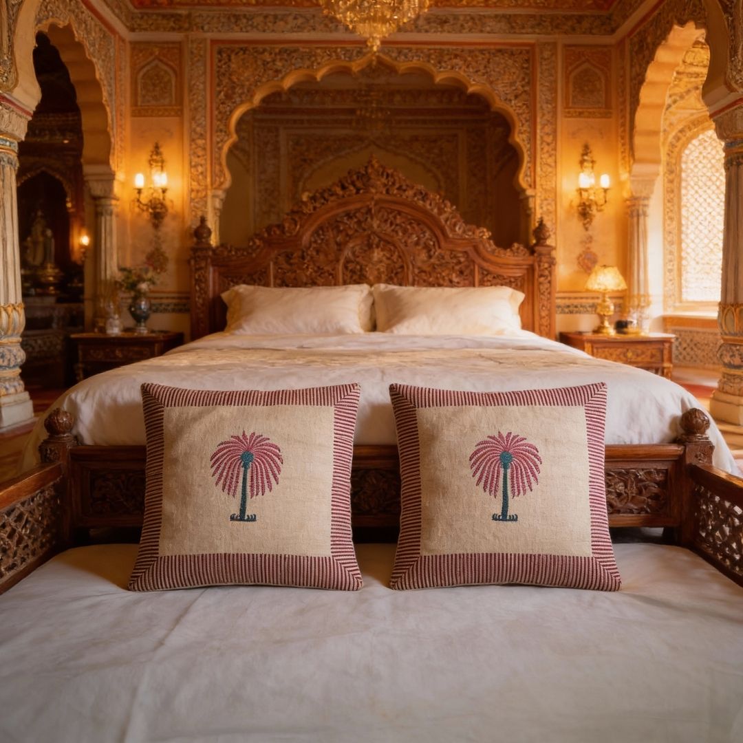 Block Printed South Cotton Cushion Cover with Handcrafted Instrument Motif