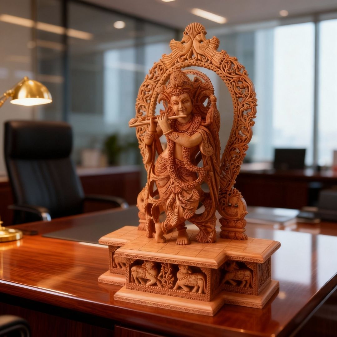 Lord Krishna Standing with Flute on Lotus Base and Peacock Arch Sculpture