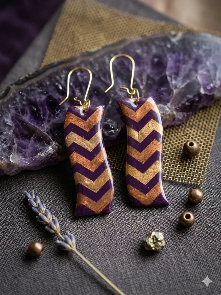 Royal Purple & Metallic Gold Chevron Wave Polymer Clay Dangles