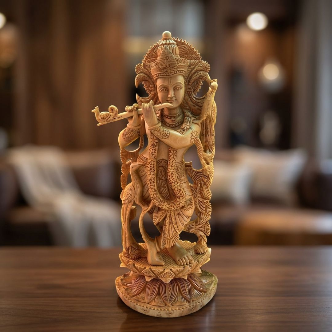 Handcrafted Wooden Lord Krishna Idol Standing with Flute in Nature-Inspired Carving