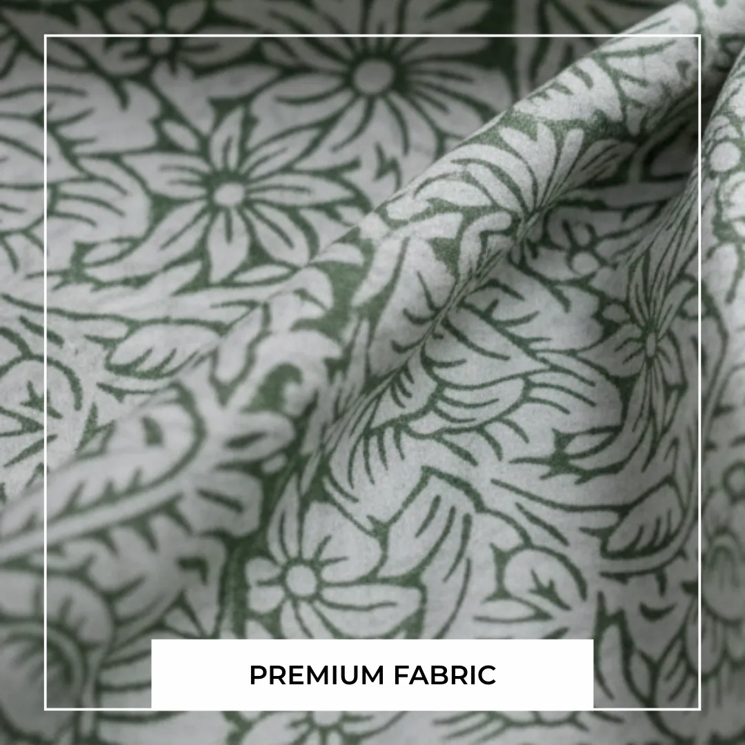 Single-Sided Hand Block Printed Mal Cotton Fabric – Green Botanical | Sold Per Meter