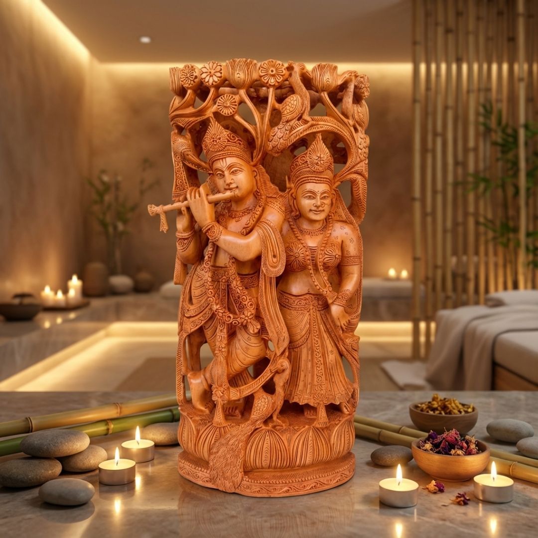 Radha Krishna Under Tree Sculpture with Peacock and Cow Carving in Sandalwood
