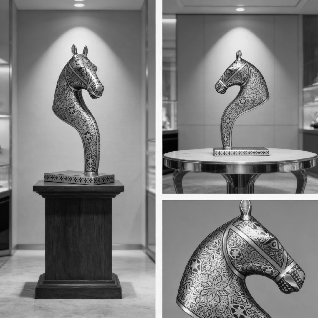 Silver Koftgari Horse Bust with Intricate Metal Inlay Art