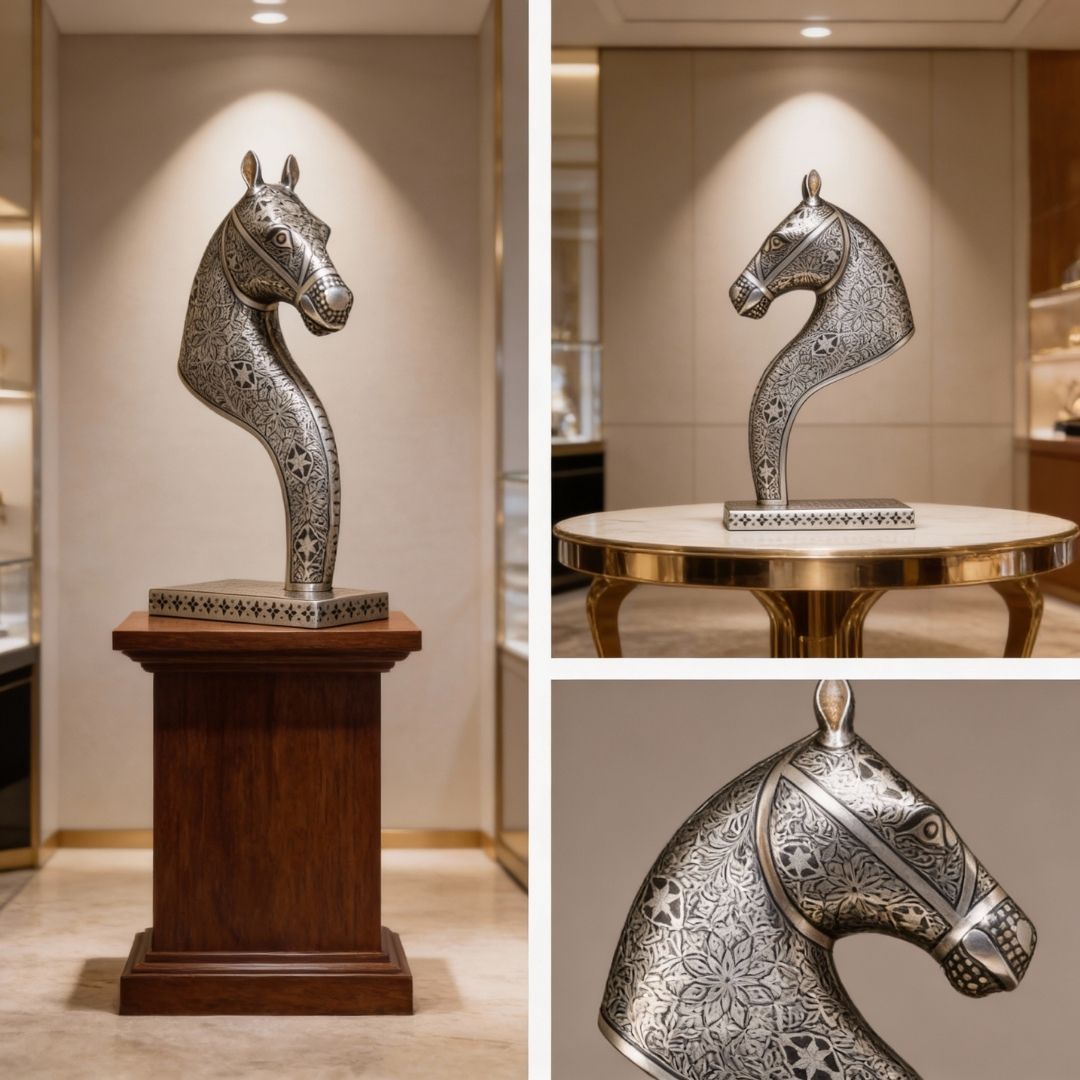 Silver Koftgari Horse Bust with Intricate Metal Inlay Art