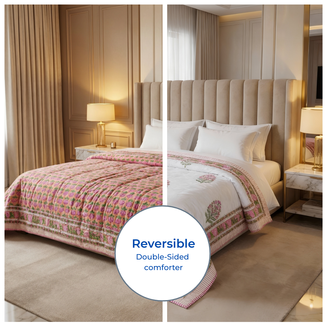 Single Double-Sided Block Printed Cotton Comforter in Pink Green Floral Pattern