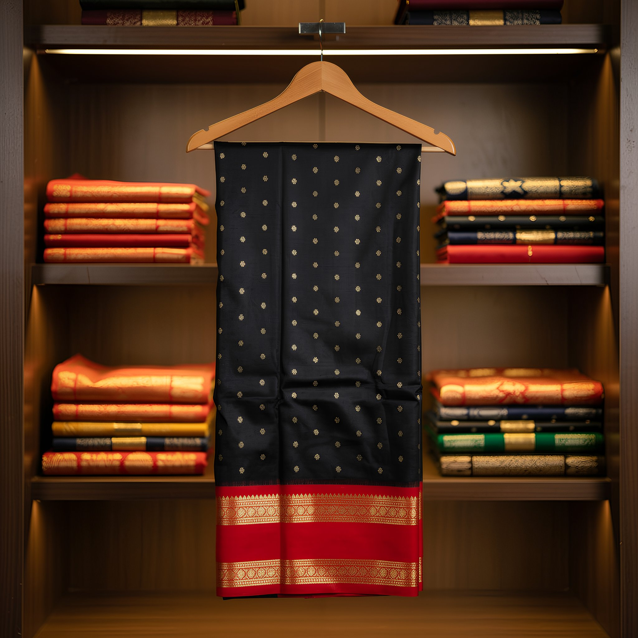 Kanjivaram Silk Saree Black Red Zari Woven