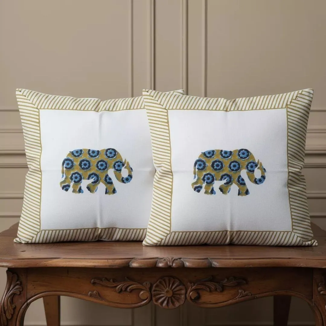 Hand Block Printed Cotton Cushion Covers with Central Elephant Motif (Set of 2)