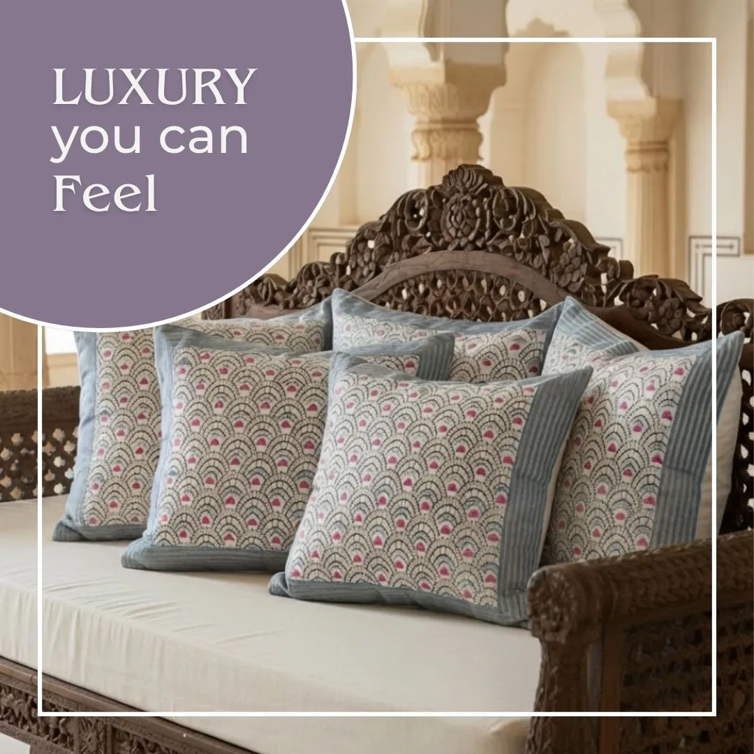 South Cotton Block Printed Cushion Covers with Blue Border Panel (Set of 2)